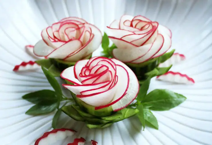 vegetable roses cut from radish
